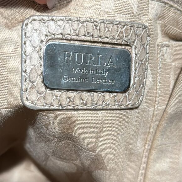 Furla Beige Python Embossed Genuine Leather Shoulder Bag Italy Travel Work Large - Picture 4 of 13